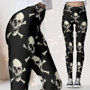 Leggings Calavera Pirata Negro Cruz de Huesos Jolly Roger A