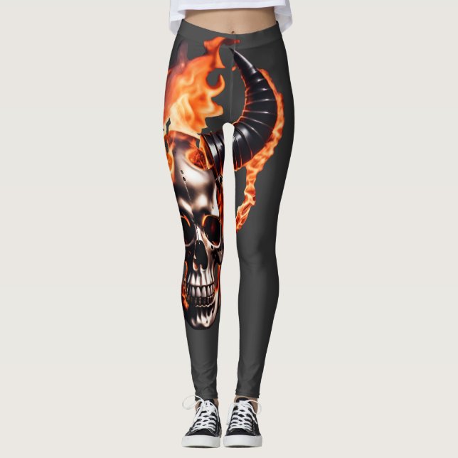 Leggings Calavera retro muerta en llamas con cuerno en llam (Anverso)