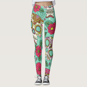 Leggings Calavera y flores mexicanas, sin costura.