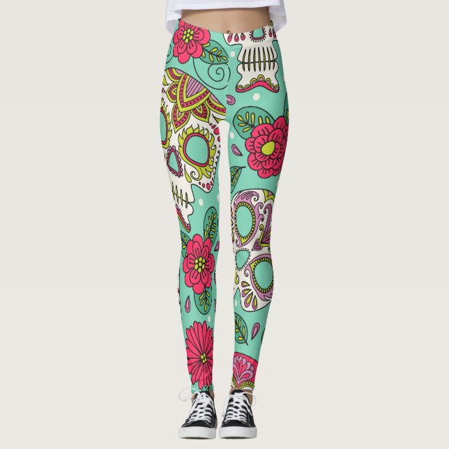 Leggings Calavera y flores mexicanas, sin costura. (Anverso)