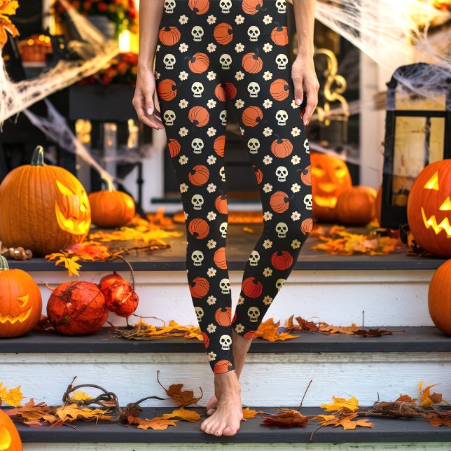 Leggings Calaveras, calabazas y flores negras de Halloween (Subido por el creador)