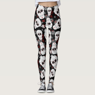 Leggings Calaveras De Azúcar Y Láminas De Flores