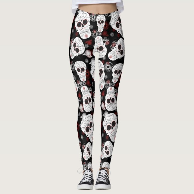 Leggings Calaveras De Azúcar Y Láminas De Flores (Anverso)