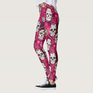 Leggings Calaveras de azúcar y Swirls Subió Red ID725