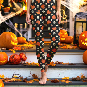 Leggings Calaveras de Halloween, Calabazas y Flores Negro