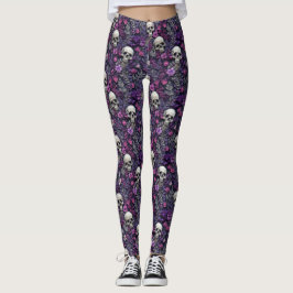 Leggings Calaveras florales Flores púrpuras Leggatas