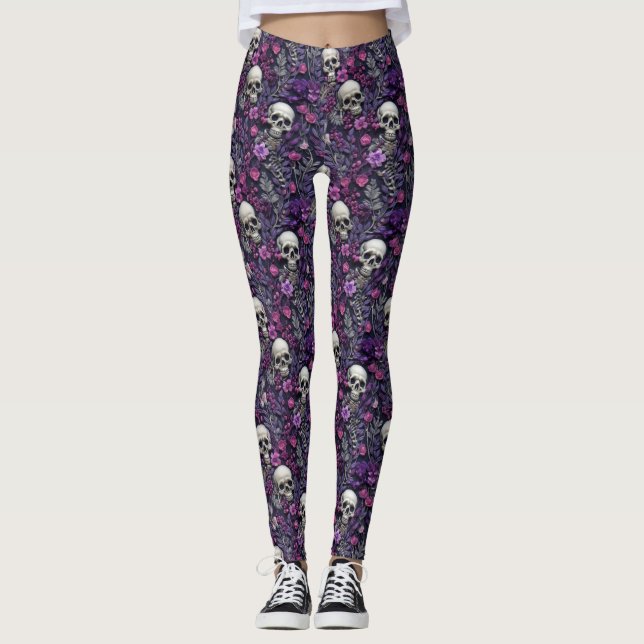 Leggings Calaveras florales Flores púrpuras Leggatas (Anverso)