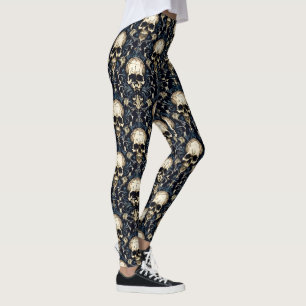 Leggings Calaveras Góticas y Floral Azul