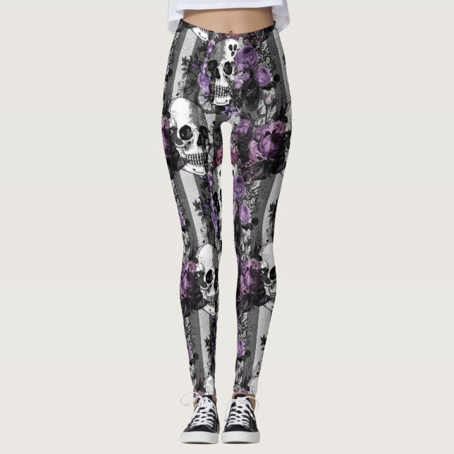 Leggings Calaveras y flores moradas (Anverso)