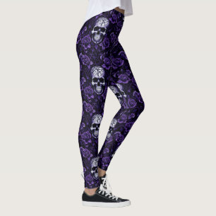 Leggings Calaveras y Flores Purpura