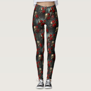 Leggings Calaveras y rosa trepadora roja