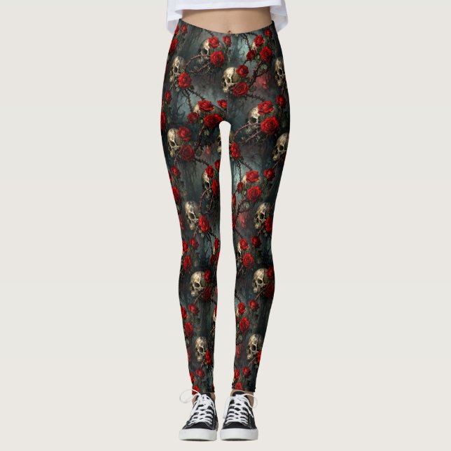 Leggings Calaveras y rosa trepadora roja (Anverso)