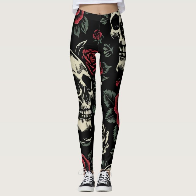 Leggings Calaveras y rosas góticas florales (Anverso)