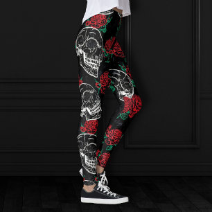 Leggings Calaveras y rosas rojas Gótico moderno Glam Grun
