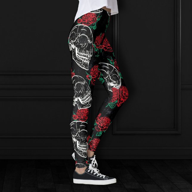 Leggings Calaveras y rosas rojas | Gótico moderno Glam Grun (Subido por el creador)