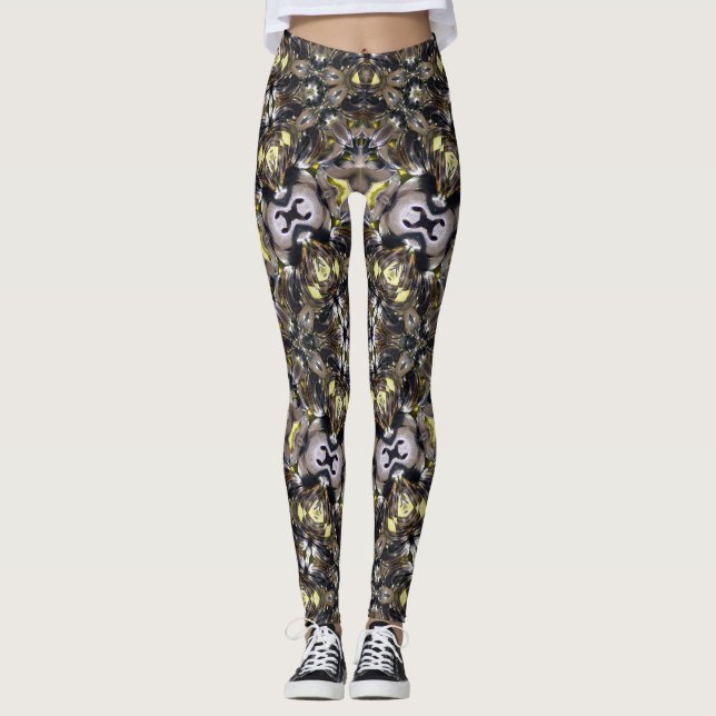 Leggings Calidoscopio abstracto marrón negro gris amarillo (Anverso)