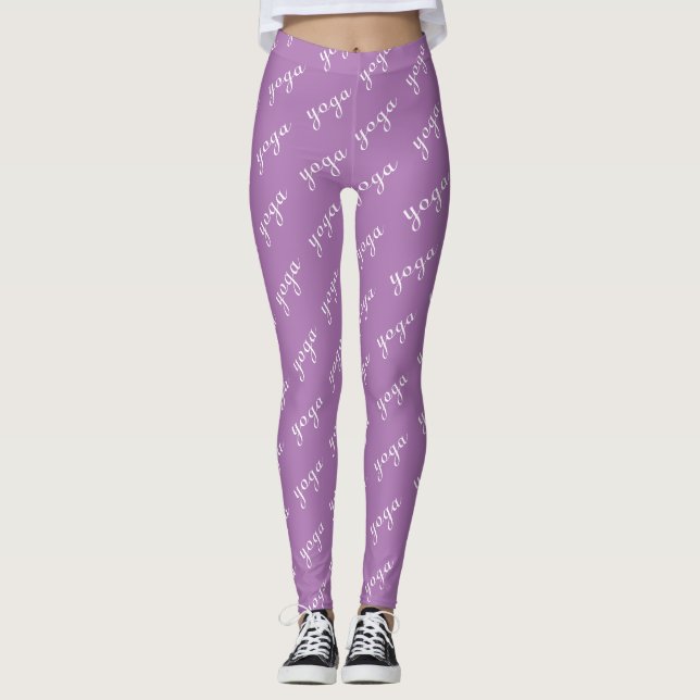 Leggings Caligrafía de yoga blanco y violeta editable (Anverso)