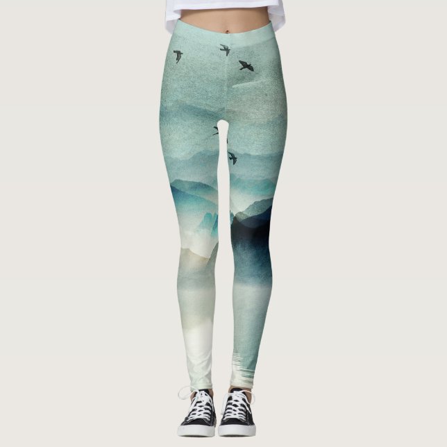Leggings Calm Nature Watercolor Mountain Scene (Anverso)
