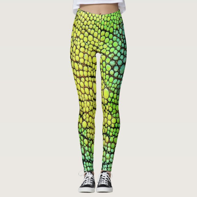 Leggings Camaleón de piernas de piel verde amarilla y panta (Anverso)