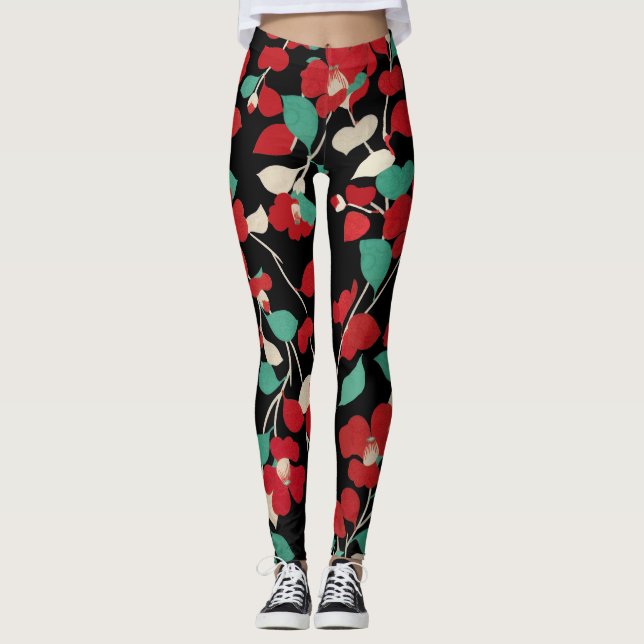 Leggings CAMELÍES ROJOS, VERDE BLANCA DEJA Floral NEGRA (Anverso)