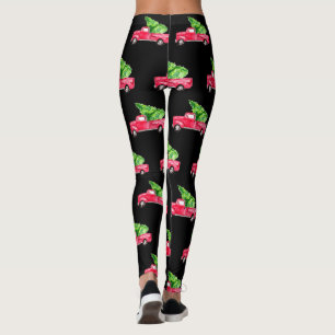 Leggings Camión rojo vintage Árbol de Navidad acuarela negr