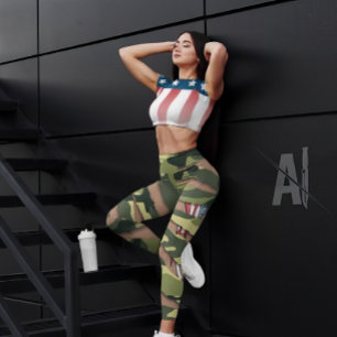Leggings Camo verde, patrón tigre, bandera de tatuaje de EE