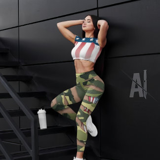 Leggings Camo verde, patrón tigre, bandera de tatuaje de EE