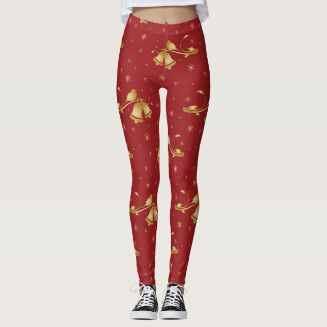 Leggings Campanas de oro de Navidad sobre patrón rojo (Anverso)