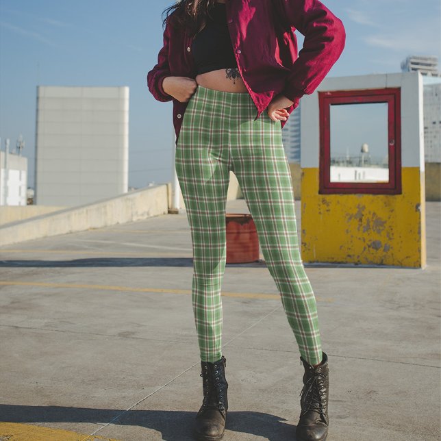 Leggings Campesina verde rúbrica vacaciones rusas simple (Green and red plaid pattern leggings. )