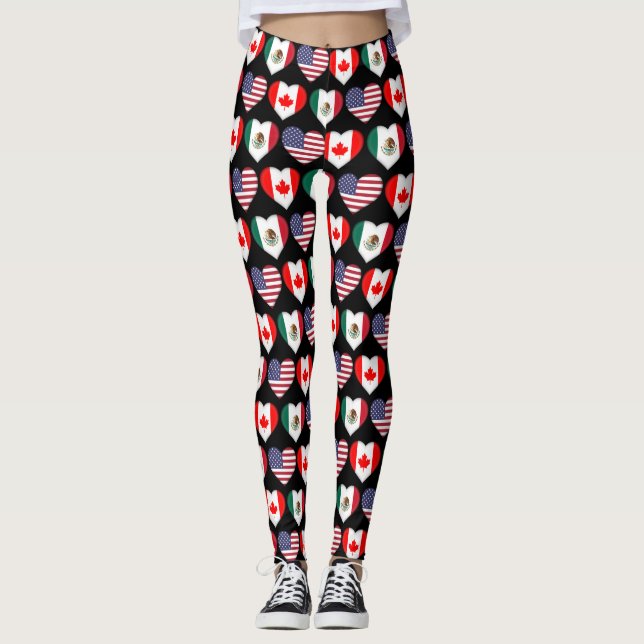 Leggings Canadá México EE.UU. 2026 País Banderas Corazones (Anverso)