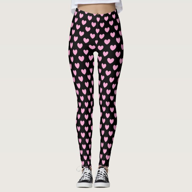 Leggings Candy de algodón Corazón de polka rosa sobre negro (Anverso)