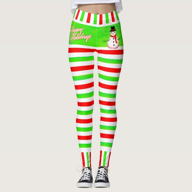 Leggings Candy Striped Elf feliz fiesta con Snowman (Anverso)