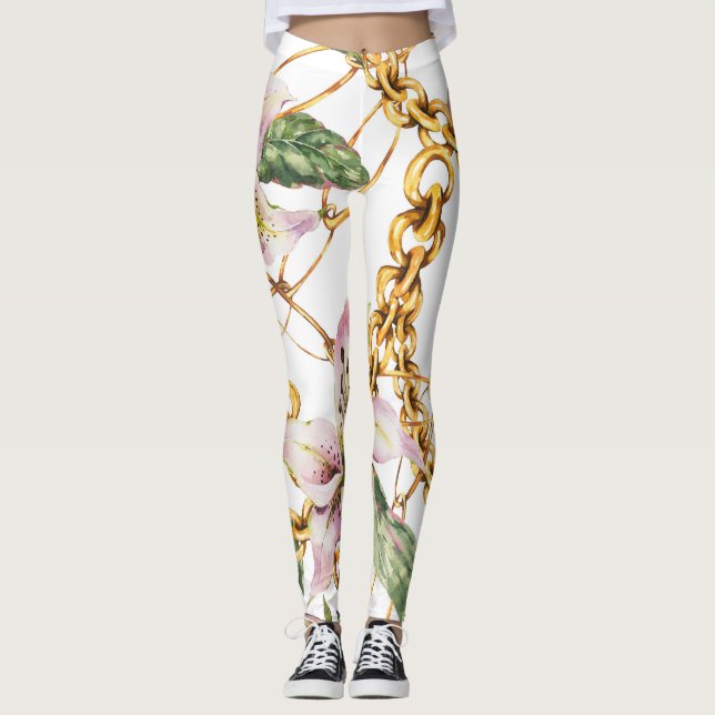 Leggings Cañones de oro y lirios reales: Elegancia acuarela (Anverso)