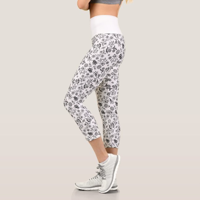Leggings Capri Abejas y flores Patrón de libertad negro y blanco (Izquierda)