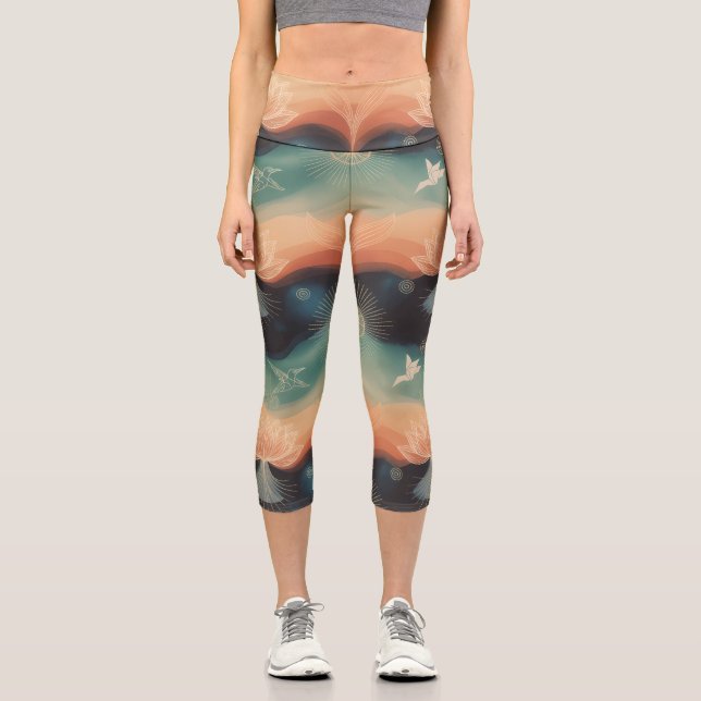 Leggings Capri Abstract Nature: Minimalist Lotus & Bird Design (Anverso)