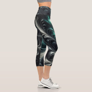 Leggings Capri Abstracto Moderno Girando Verde, Plata y Negro