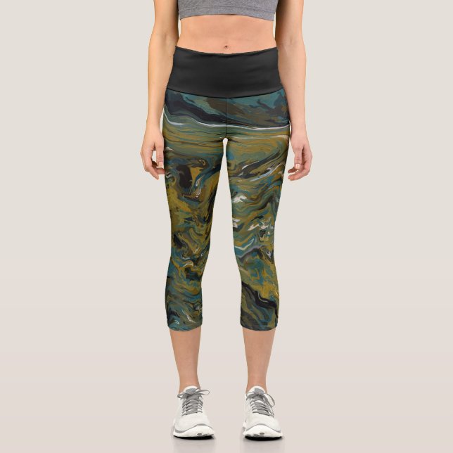 Leggings Capri Aceites verde azulados, dorados, blancos y negros (Anverso)
