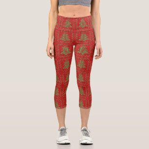 Leggings Capri Acogedor patrón de suéter feo de árbol de Navidad 