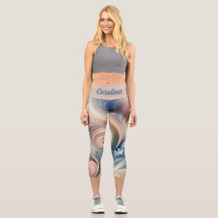 Leggings Capri Acuarela Fantasía Pastel Floral Azul & Crema