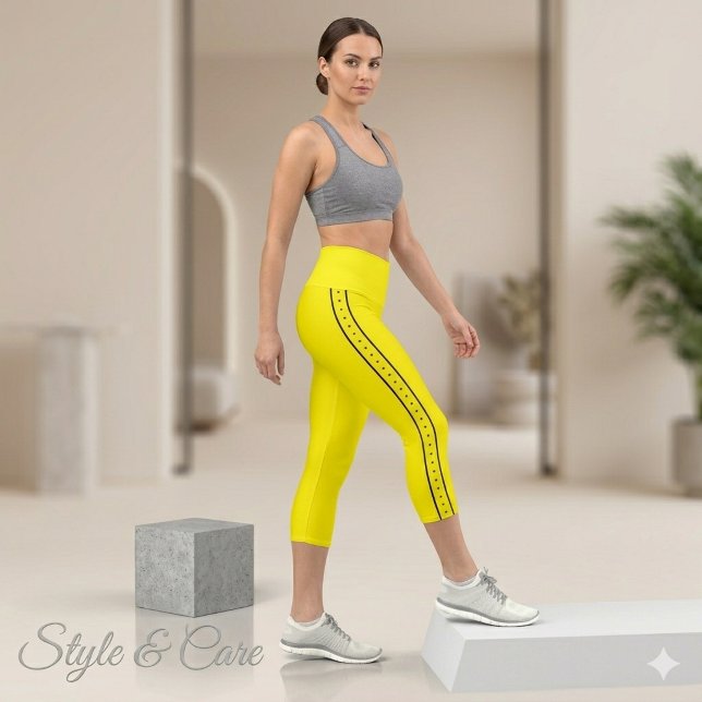 Leggings Capri Amarillo Limón con Franja Lateral N (Lemon Yellow Capri Leggings with Black Side Stripe)
