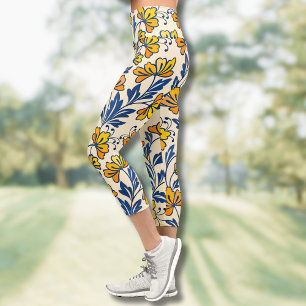 Leggings Capri Amarillo Naranja Floral Folclórico Azul Hoja Vinta