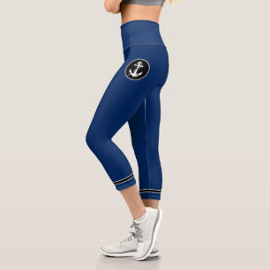 Leggings Capri Anclaje náutico Rope Azul Tiras Blancas Náuticas