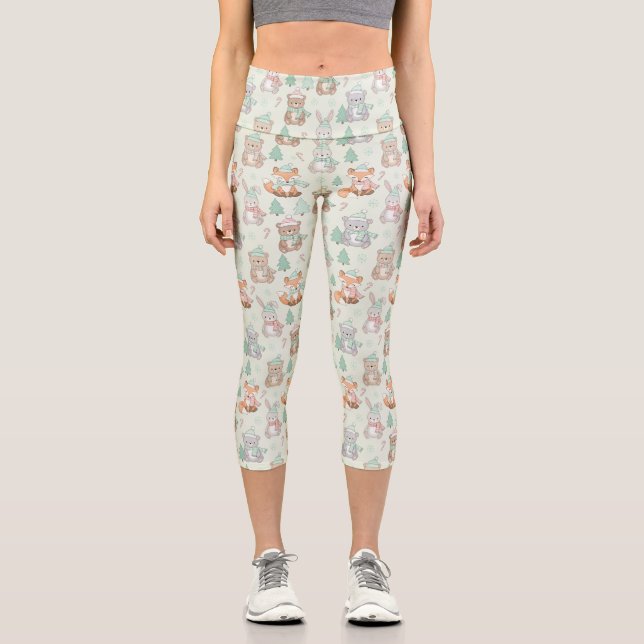 Leggings Capri Animales lindos de Navidad patrón continuo (Anverso)