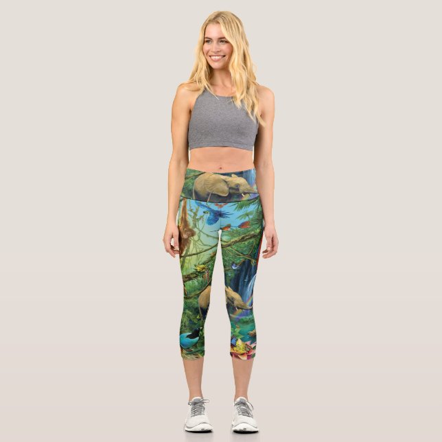 Leggings Capri Animales que viven juntos arrojan almohada (Anverso)
