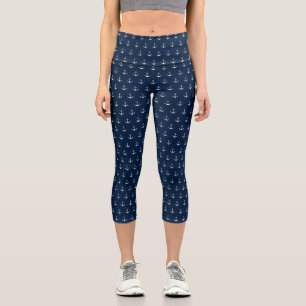 Leggings Capri Anuncio náutico azul marino oscuro patrón blanco l