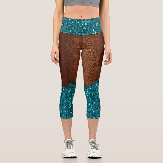 Leggings Capri Aqua azul chispas purpurina madera marrón rústica (Anverso)