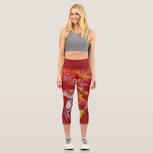 Leggings Capri Ardientes matices de rojo de sangre, Naranja, blan (Anverso)
