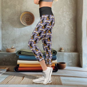 Leggings Capri Art Nouveau Gato Negro Calabaza Púrpura Otoño Amar