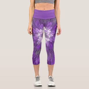 Leggings Capri Arte abstracto fractal de flor púrpura psicodélico