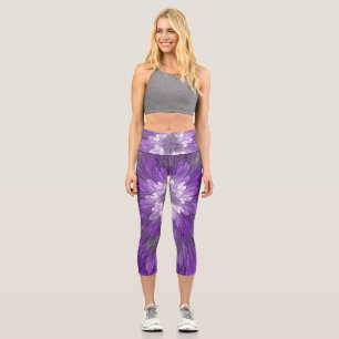 Leggings Capri Arte abstracto fractal de flor púrpura psicodélico